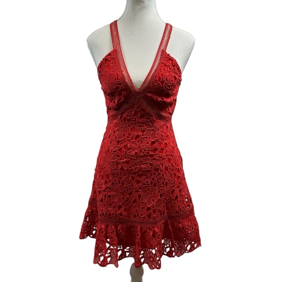 ASTR Red Orange Ladder Detail Crochet Lace Lined Sleeveless Mini Dress Womens XS - Picture 4 of 16